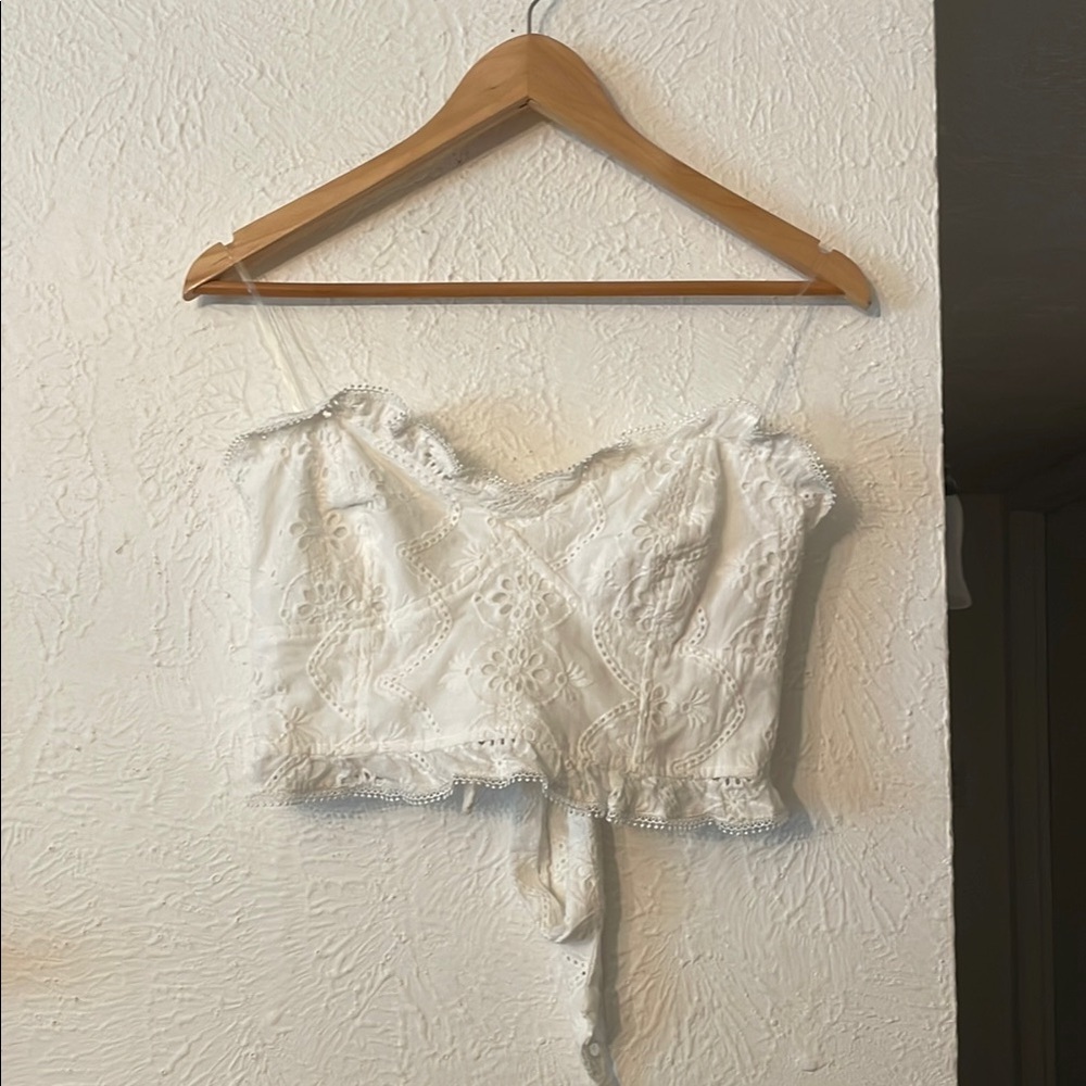 DO+BE White Eyelet Cropped Tie-Front Top